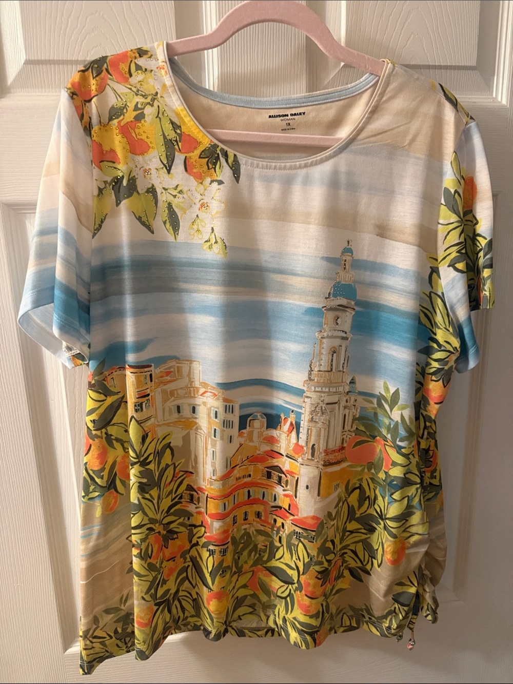 Allison Daley Coastal Village Print Short Sleeve Top - Blue, Yellow, Orange